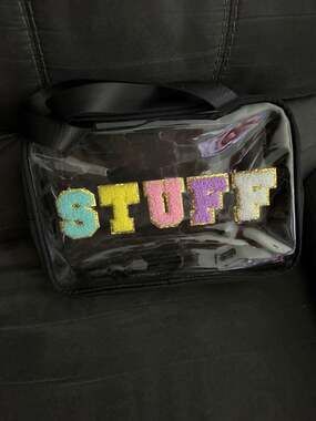 Clear Cosmetic Bag with Colorful Chenille Varsity Letter STUFF Patches